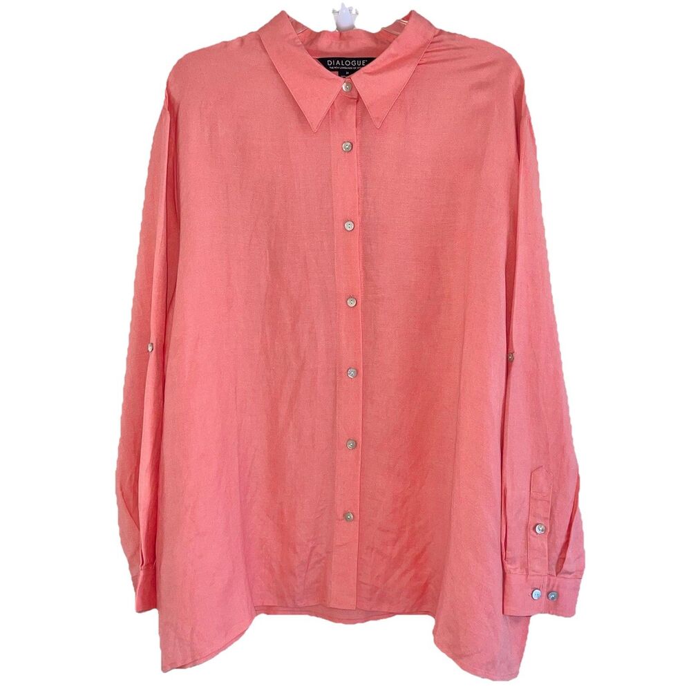 Dialogue Coral Linen Button Up Shirt Plus Size 3X Women Mother of Pearls Buttons